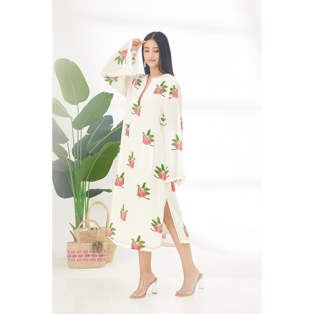 Nikasha Off White Hand Painted Cheetah Print Midi Dress