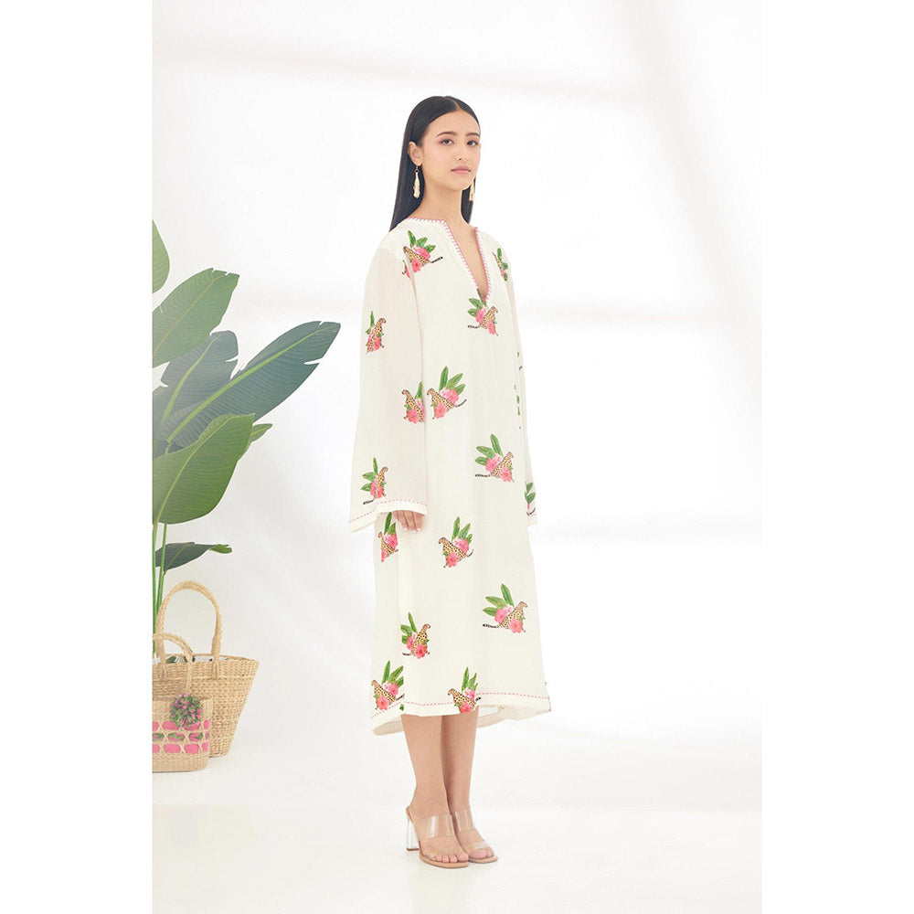 Nikasha Off White Hand Painted Cheetah Print Midi Dress
