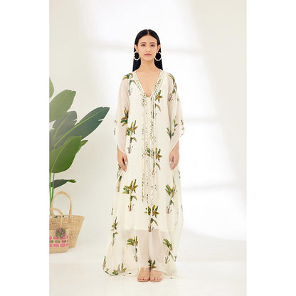 Nikasha Off White Hand Painted Banana Tree Print Maxi Dress with Tassels
