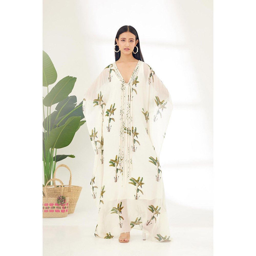 Nikasha Off White Hand Painted Banana Tree Print Maxi Dress with Tassels