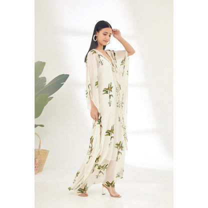 Nikasha Off White Hand Painted Banana Tree Print Maxi Dress with Tassels