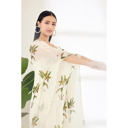 Nikasha Off White Hand Painted Banana Tree Print Maxi Dress with Tassels