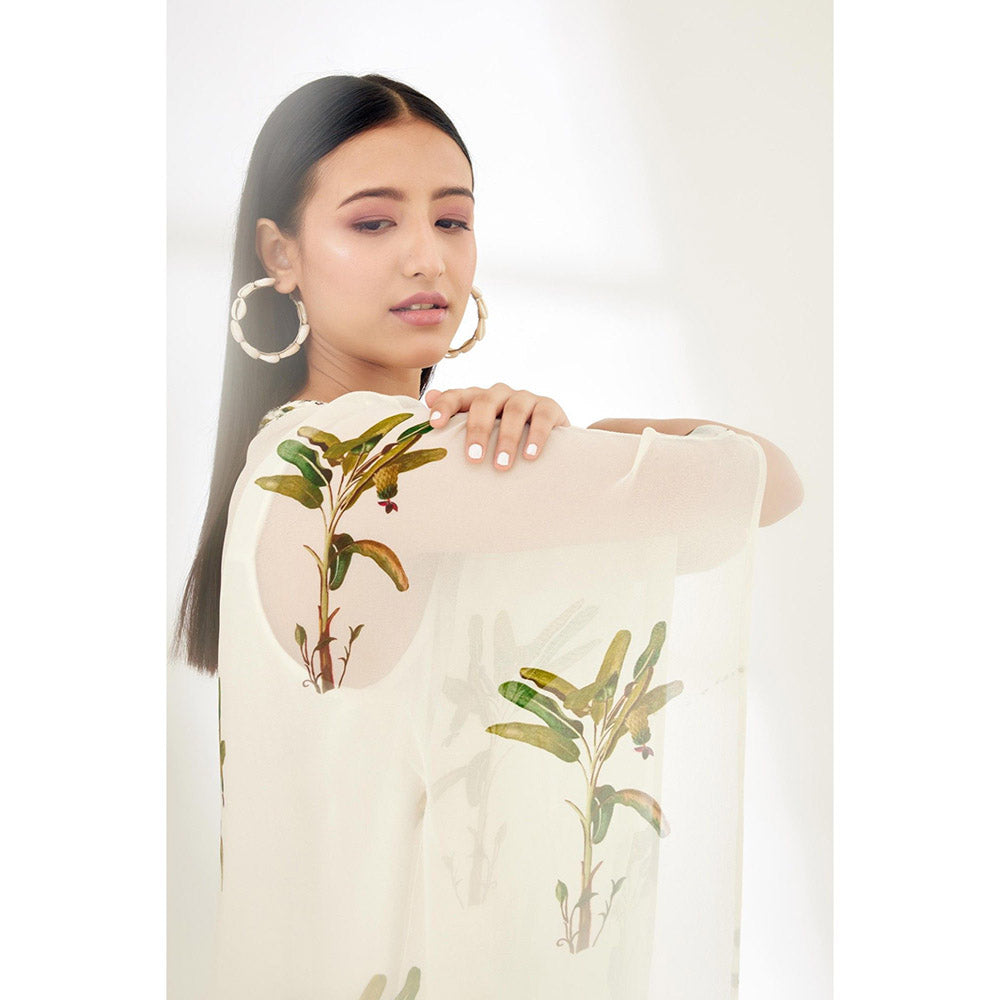 Nikasha Off White Hand Painted Banana Tree Print Maxi Dress with Tassels