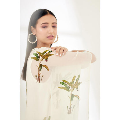 Nikasha Off White Hand Painted Banana Tree Print Maxi Dress with Tassels