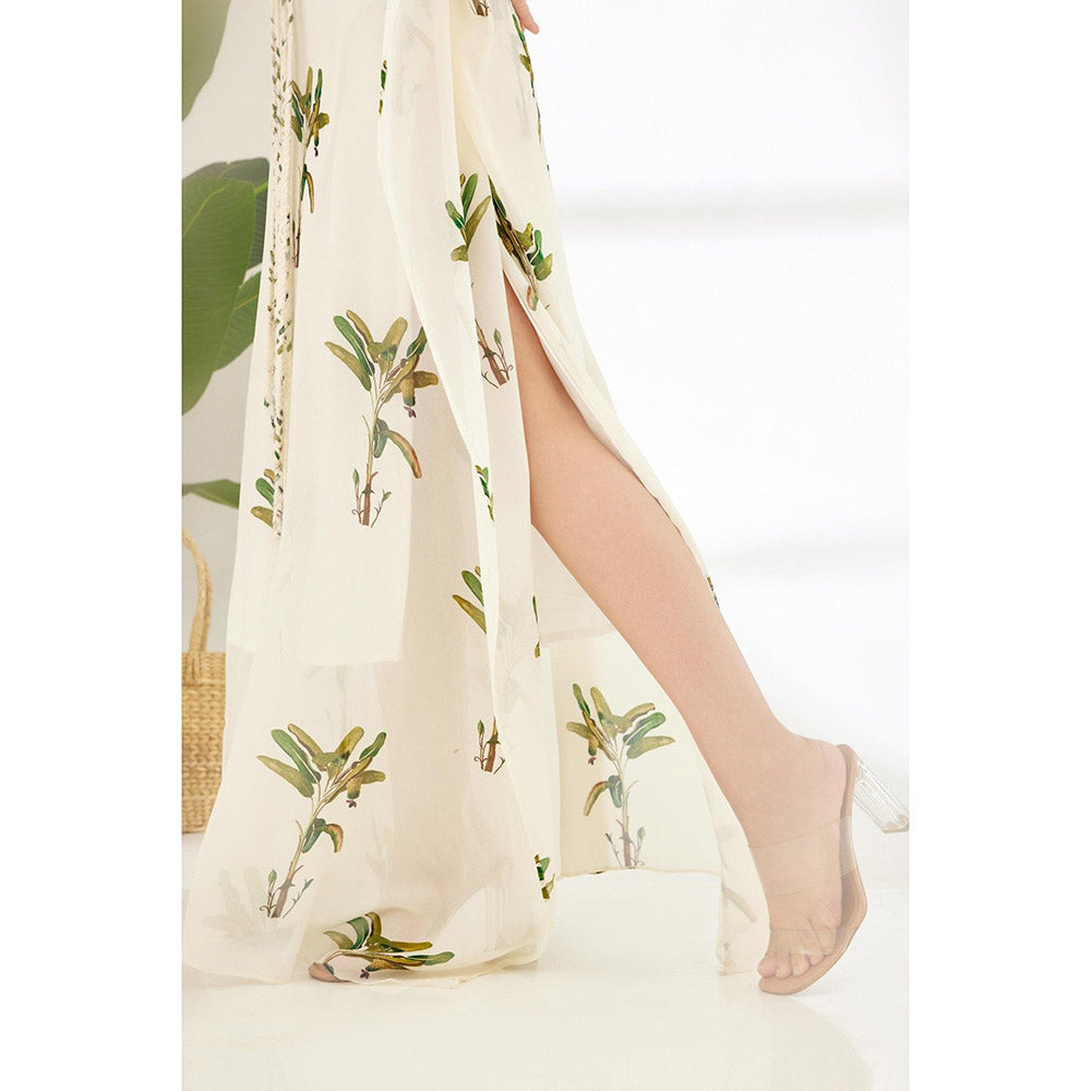 Nikasha Off White Hand Painted Banana Tree Print Maxi Dress with Tassels