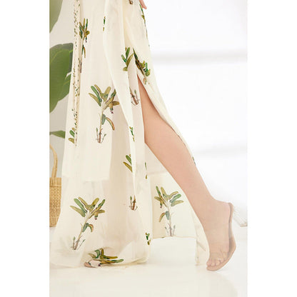 Nikasha Off White Hand Painted Banana Tree Print Maxi Dress with Tassels