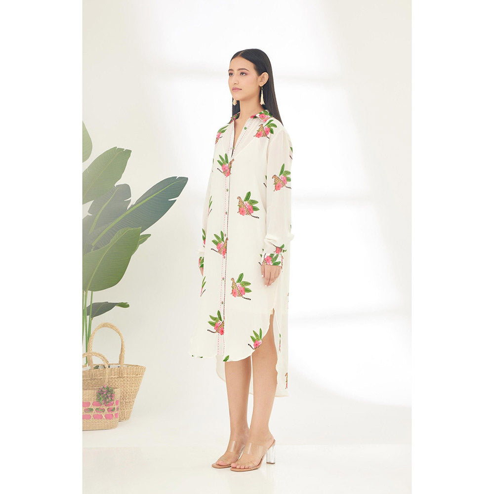 Nikasha Off White Hand Painted Cheetah Print Shirt Midi Dress
