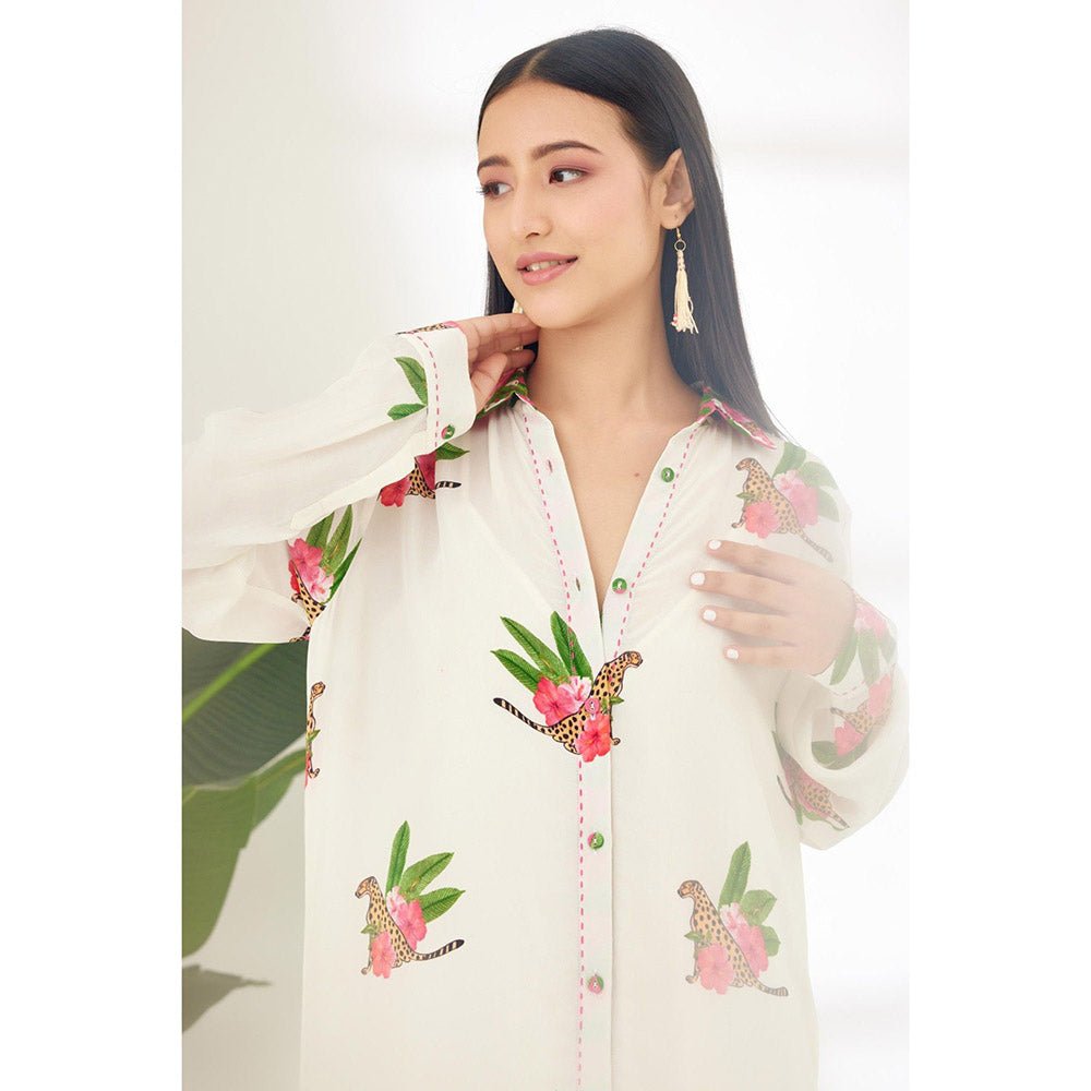 Nikasha Off White Hand Painted Cheetah Print Shirt Midi Dress