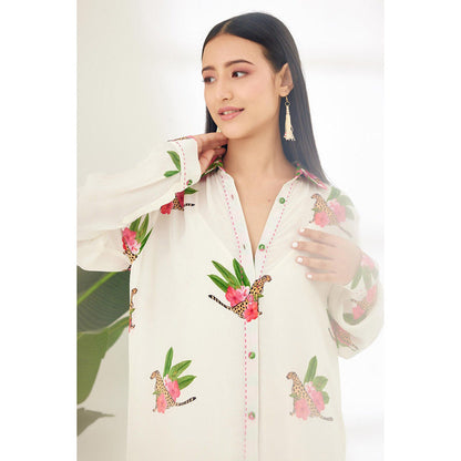 Nikasha Off White Hand Painted Cheetah Print Shirt Midi Dress