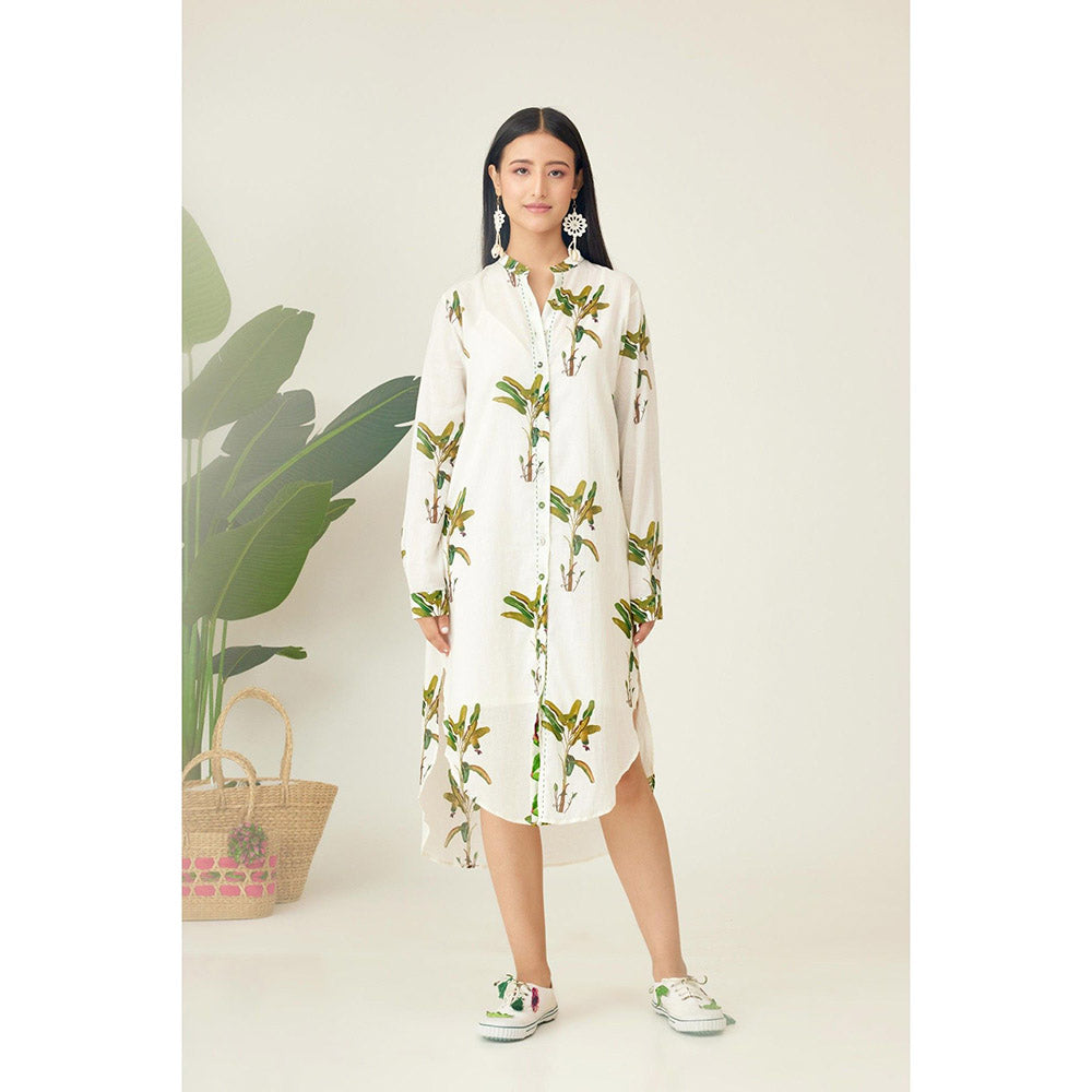 Nikasha Off White Hand Painted Banana Tree Print Shirt Midi Dress