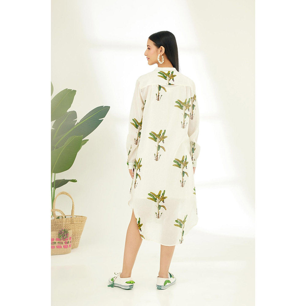 Nikasha Off White Hand Painted Banana Tree Print Shirt Midi Dress