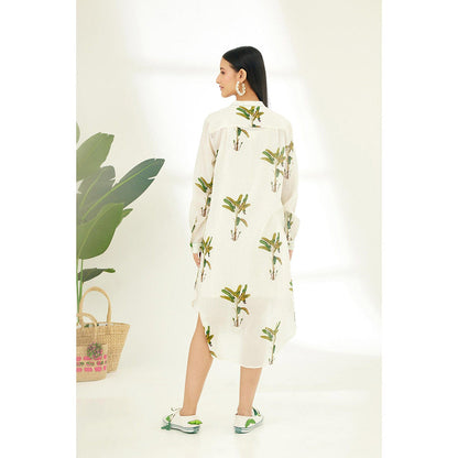 Nikasha Off White Hand Painted Banana Tree Print Shirt Midi Dress