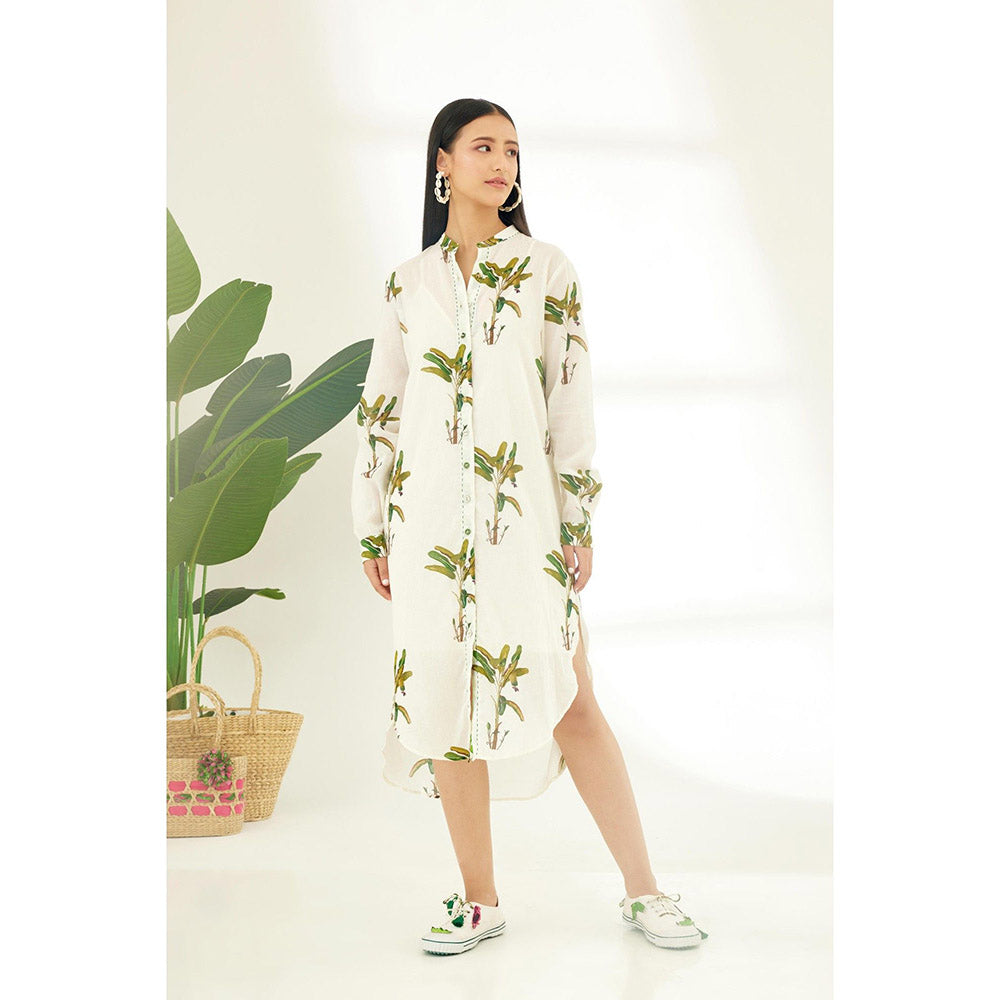 Nikasha Off White Hand Painted Banana Tree Print Shirt Midi Dress