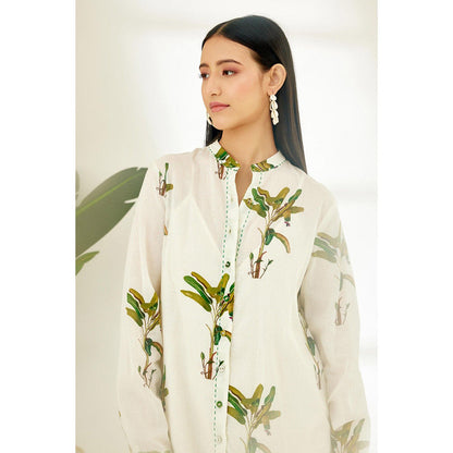 Nikasha Off White Hand Painted Banana Tree Print Shirt Midi Dress