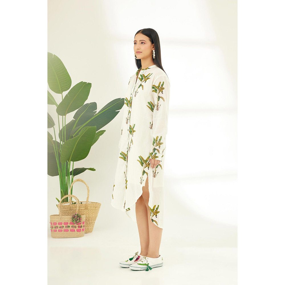 Nikasha Off White Hand Painted Banana Tree Print Shirt Midi Dress
