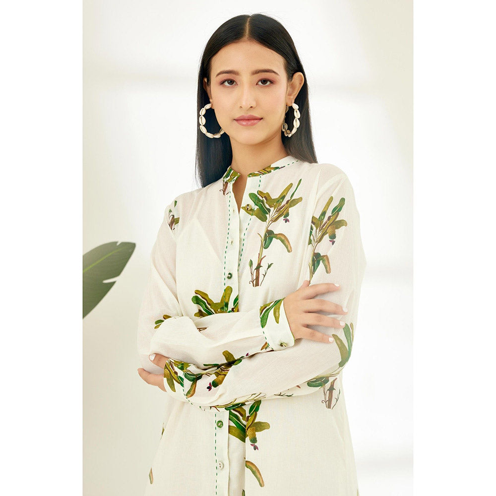 Nikasha Off White Hand Painted Banana Tree Print Shirt Midi Dress