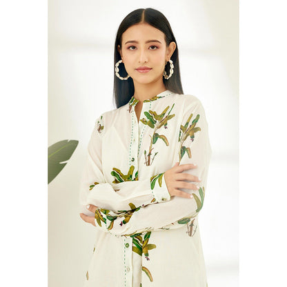 Nikasha Off White Hand Painted Banana Tree Print Shirt Midi Dress