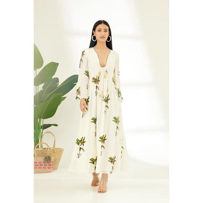 Nikasha Off White Hand Painted Banana Tree Print Dress
