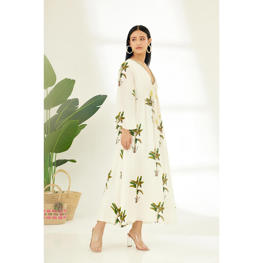 Nikasha Off White Hand Painted Banana Tree Print Dress