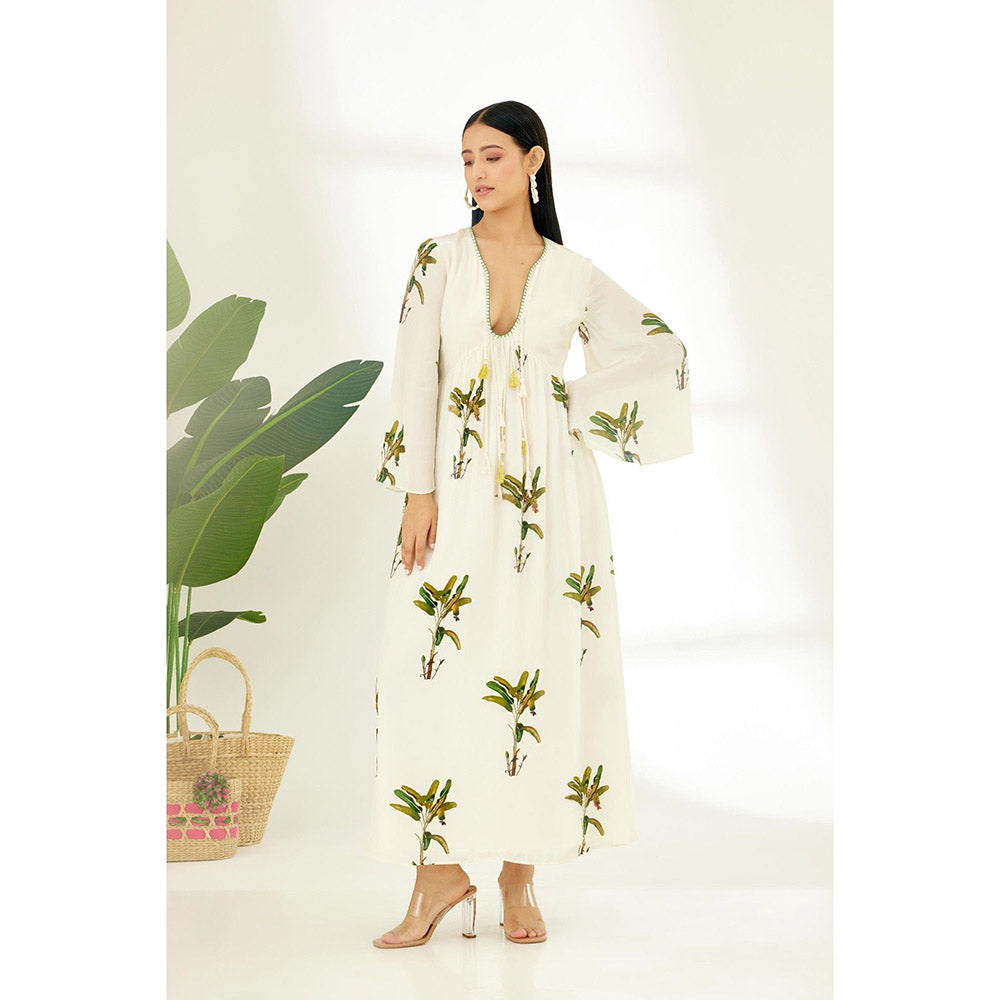 Nikasha Off White Hand Painted Banana Tree Print Dress