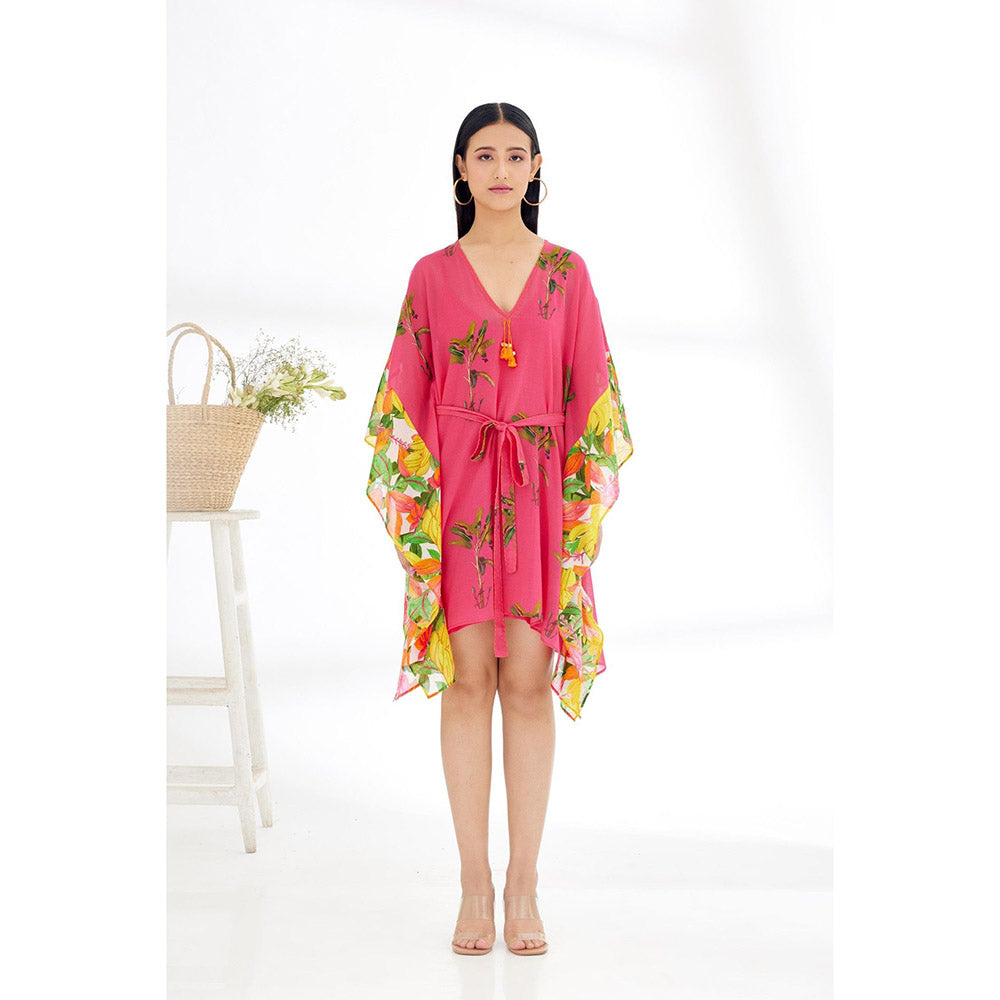 Nikasha Fuchsia Hand Painted Banana Tree Print Mini Dress with Belt (Set of 2)