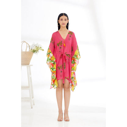 Nikasha Fuchsia Hand Painted Banana Tree Print Mini Dress with Belt (Set of 2)