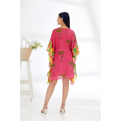 Nikasha Fuchsia Hand Painted Banana Tree Print Mini Dress with Belt (Set of 2)