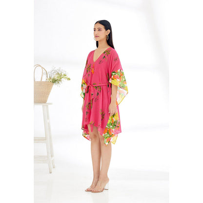 Nikasha Fuchsia Hand Painted Banana Tree Print Mini Dress with Belt (Set of 2)