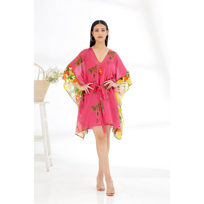 Nikasha Fuchsia Hand Painted Banana Tree Print Mini Dress with Belt (Set of 2)