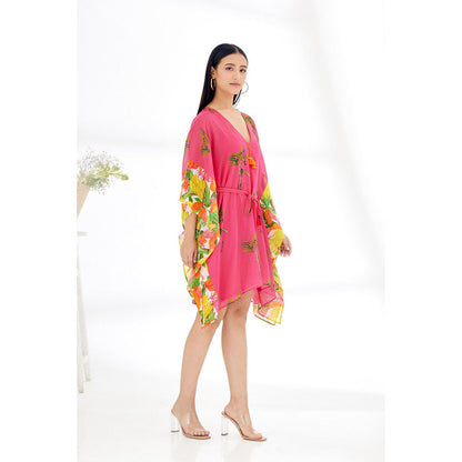 Nikasha Fuchsia Hand Painted Banana Tree Print Mini Dress with Belt (Set of 2)