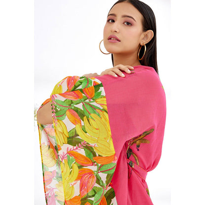 Nikasha Fuchsia Hand Painted Banana Tree Print Mini Dress with Belt (Set of 2)