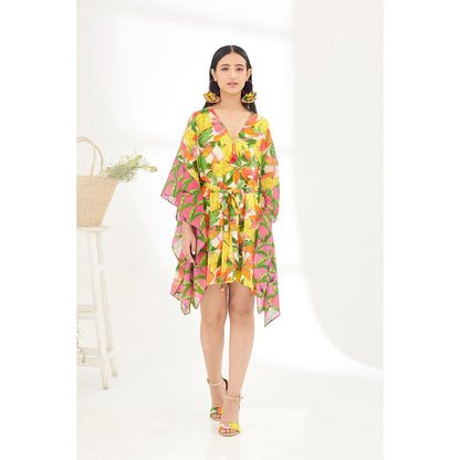 Nikasha Multi-Color Hand Painted Banana Fruit Print Mini Dress with Belt (Set of 2)