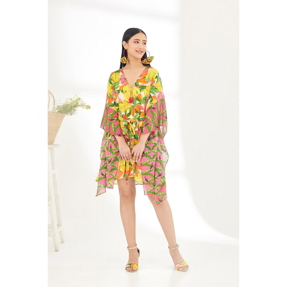 Nikasha Multi-Color Hand Painted Banana Fruit Print Mini Dress with Belt (Set of 2)