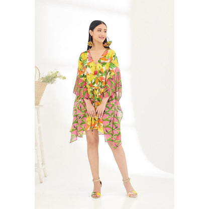 Nikasha Multi-Color Hand Painted Banana Fruit Print Mini Dress with Belt (Set of 2)