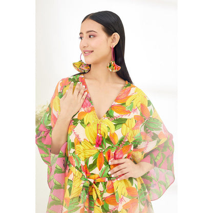 Nikasha Multi-Color Hand Painted Banana Fruit Print Mini Dress with Belt (Set of 2)