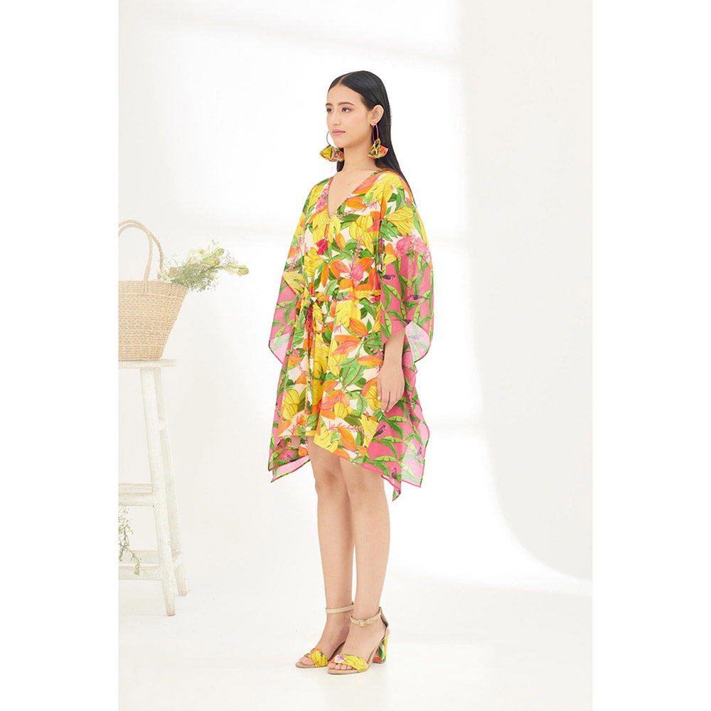 Nikasha Multi-Color Hand Painted Banana Fruit Print Mini Dress with Belt (Set of 2)