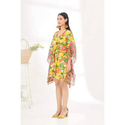 Nikasha Multi-Color Hand Painted Banana Fruit Print Mini Dress with Belt (Set of 2)