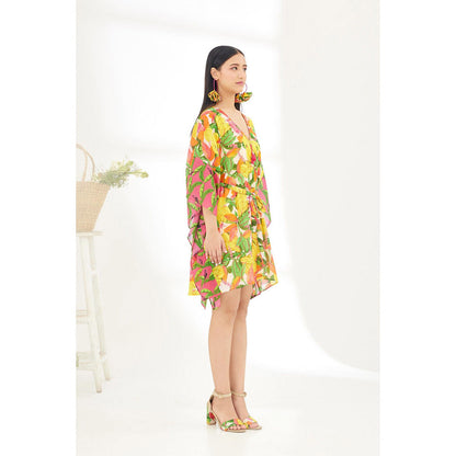 Nikasha Multi-Color Hand Painted Banana Fruit Print Mini Dress with Belt (Set of 2)