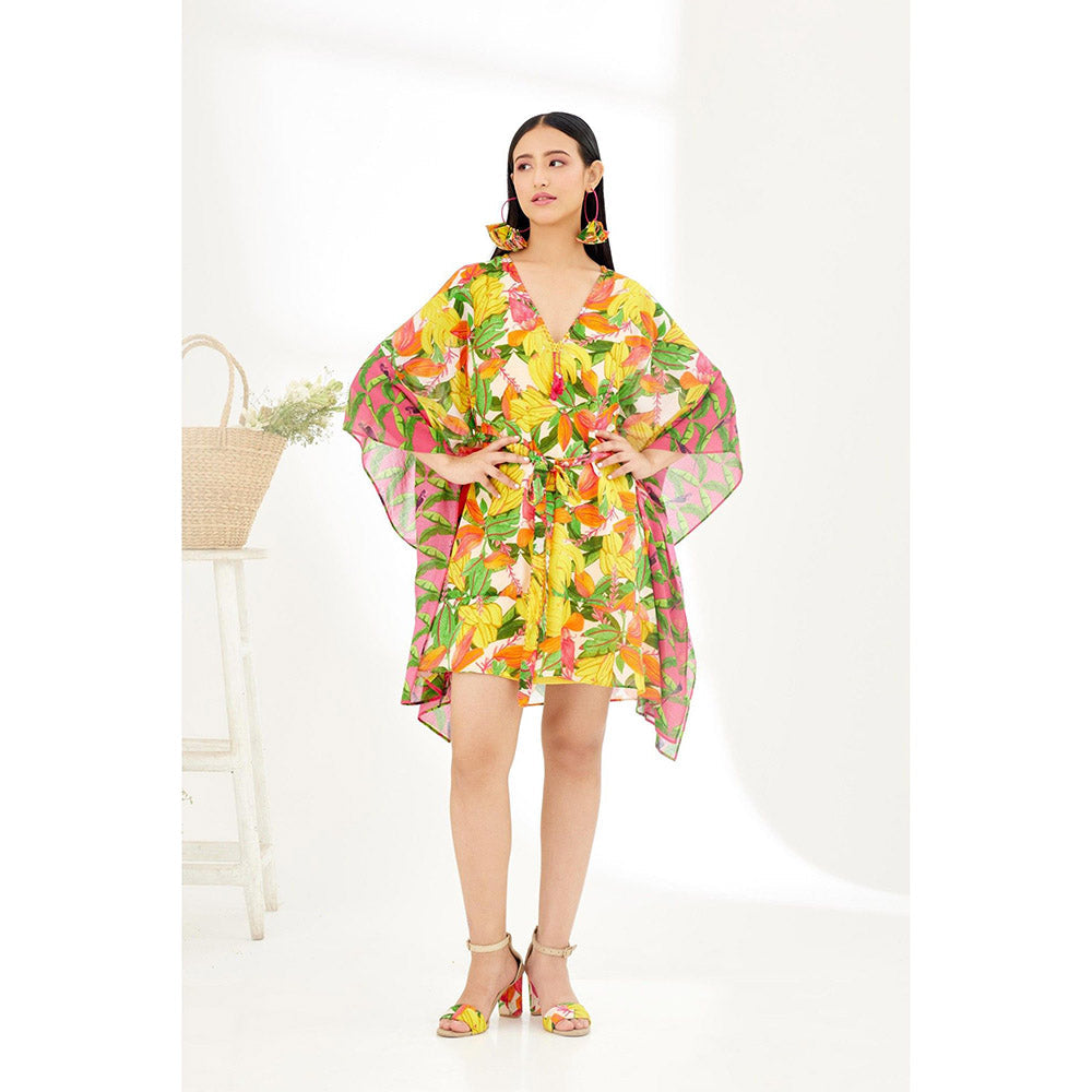 Nikasha Multi-Color Hand Painted Banana Fruit Print Mini Dress with Belt (Set of 2)