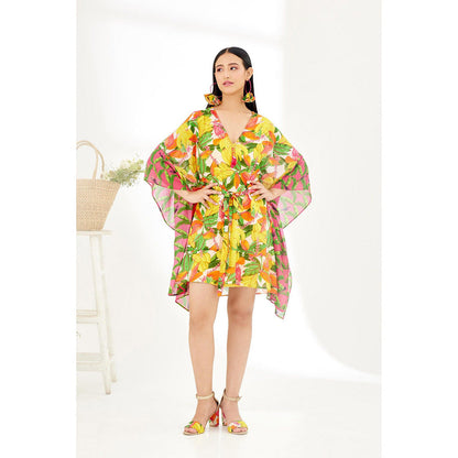 Nikasha Multi-Color Hand Painted Banana Fruit Print Mini Dress with Belt (Set of 2)