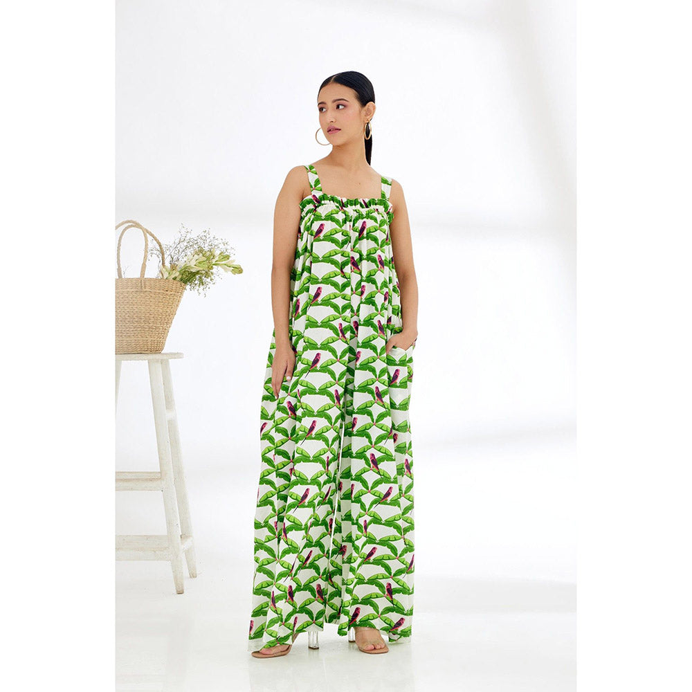 Nikasha White & Green Hand Painted Parakeet Print Jumpsuit