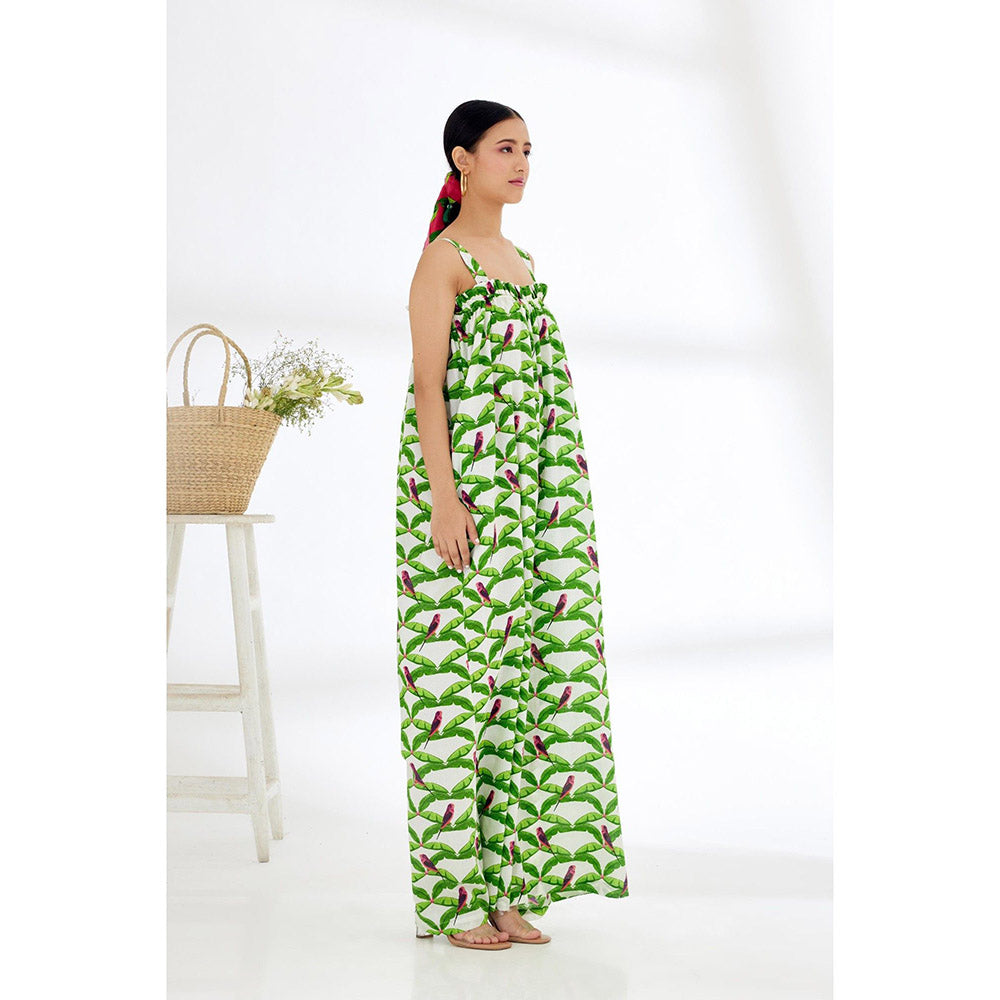Nikasha White & Green Hand Painted Parakeet Print Jumpsuit