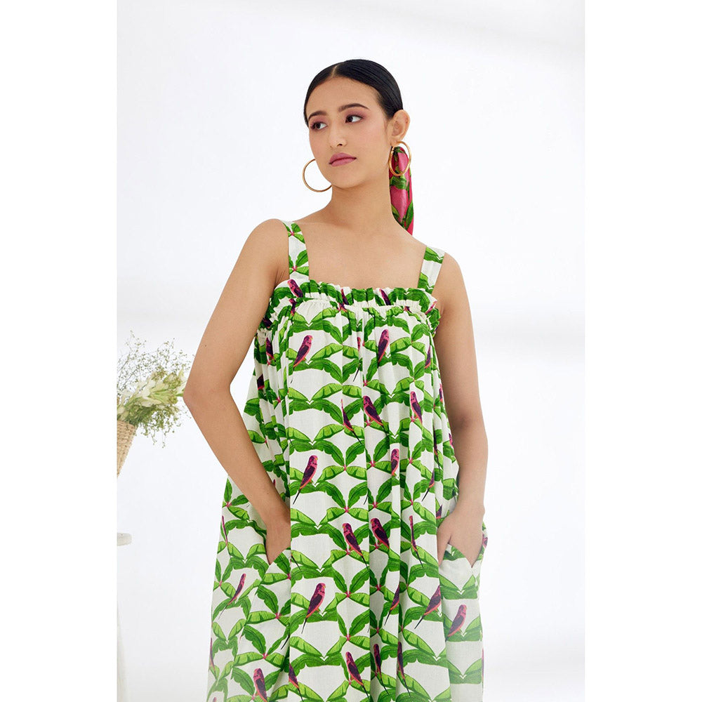 Nikasha White & Green Hand Painted Parakeet Print Jumpsuit