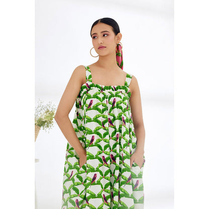 Nikasha White & Green Hand Painted Parakeet Print Jumpsuit