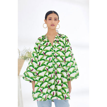 Nikasha White & Green Hand Painted Parakeet Print Shirt