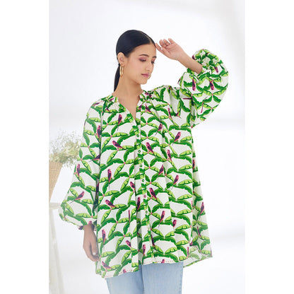 Nikasha White & Green Hand Painted Parakeet Print Shirt