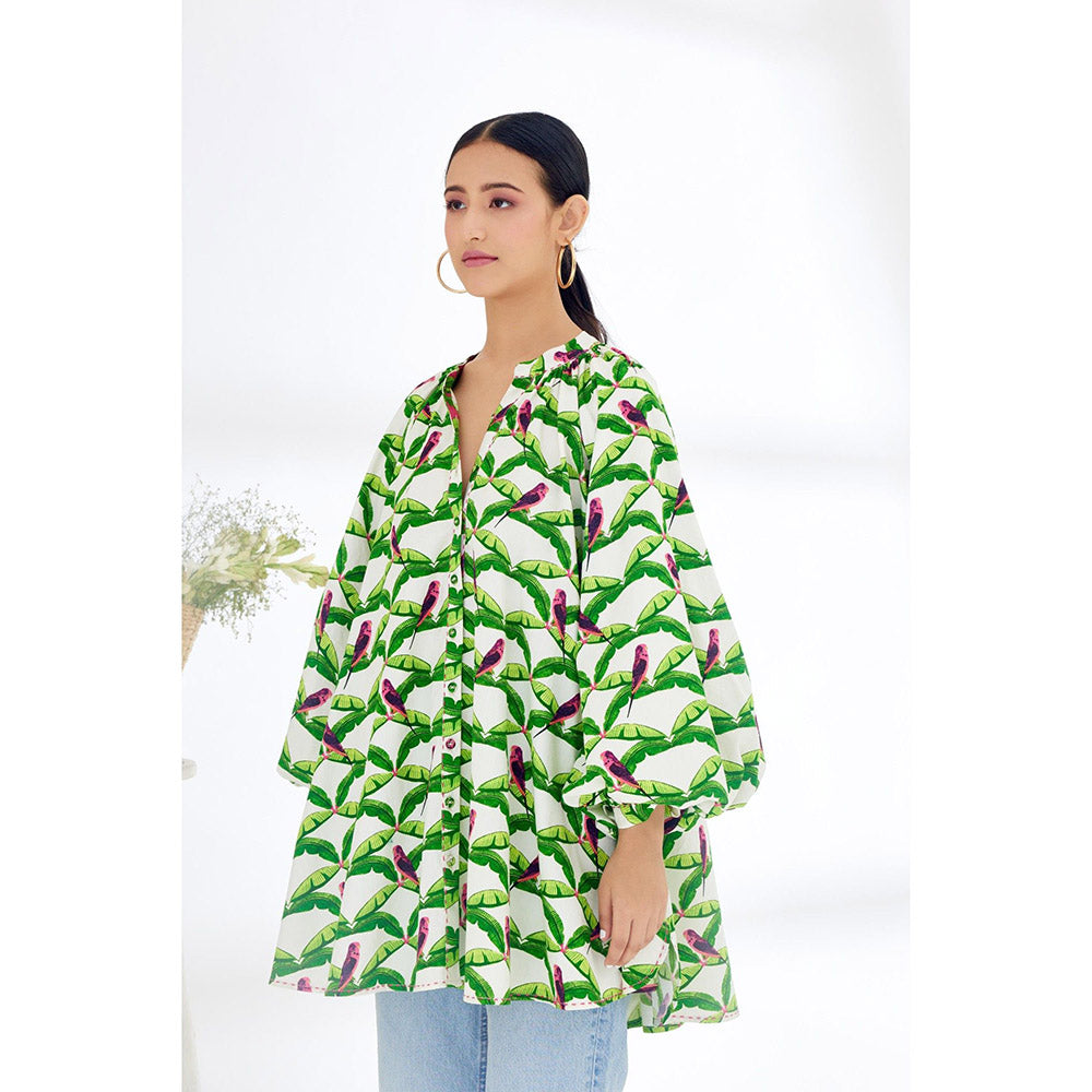 Nikasha White & Green Hand Painted Parakeet Print Shirt