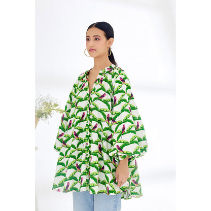 Nikasha White & Green Hand Painted Parakeet Print Shirt