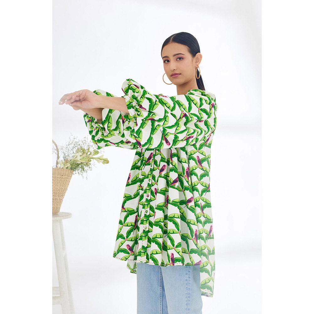 Nikasha White & Green Hand Painted Parakeet Print Shirt