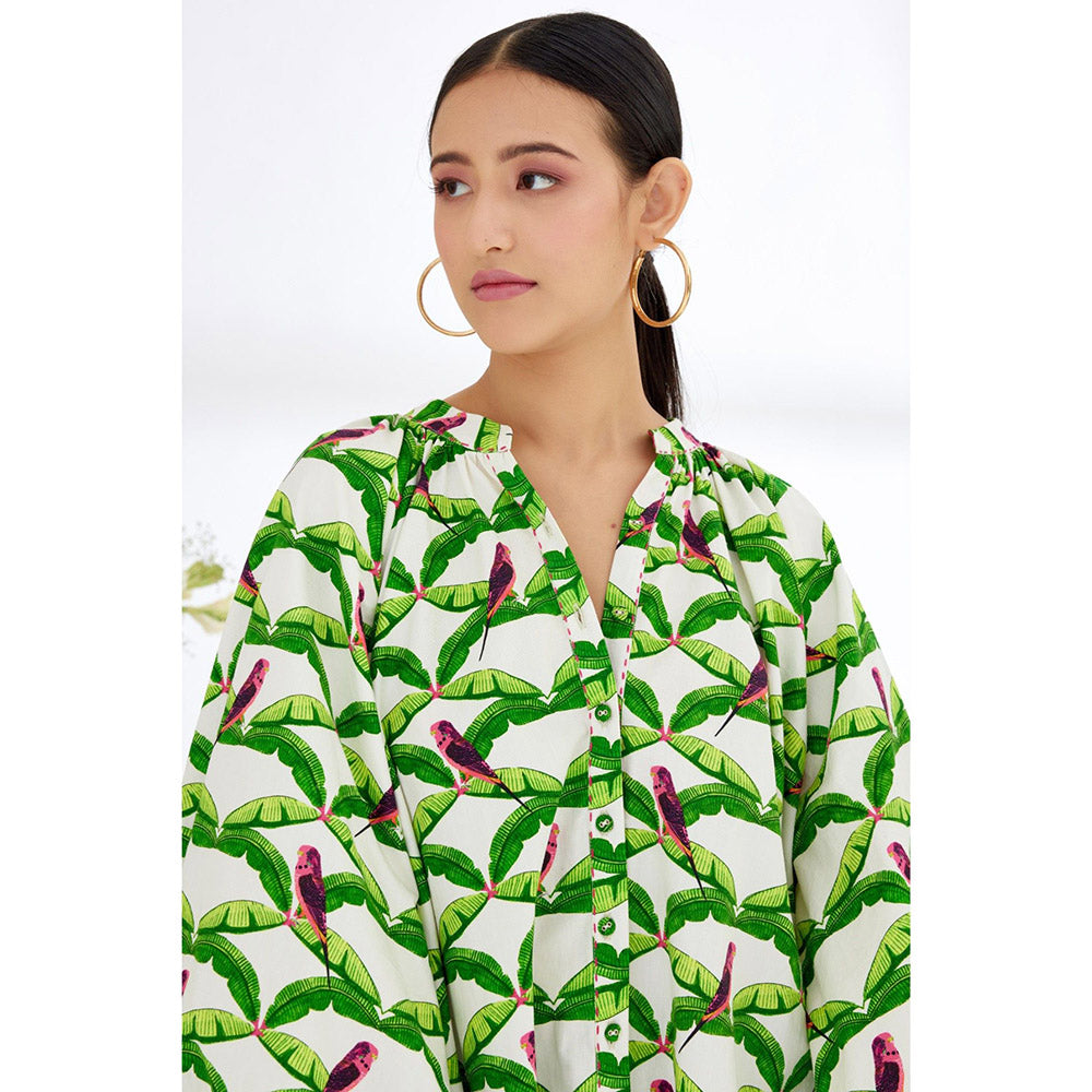 Nikasha White & Green Hand Painted Parakeet Print Shirt